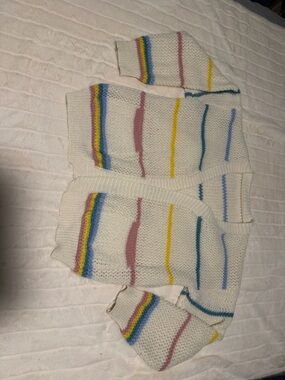 Cream Knit Cardigan with Pastel Stripes